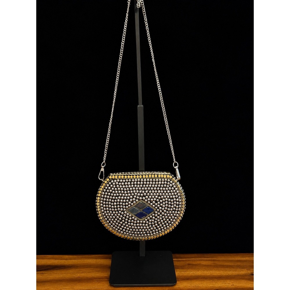 RAMLA Silver Mosaic Blue Stone Embellished Handmade Crossbody/Clutch NWOT - Picture 4 of 8